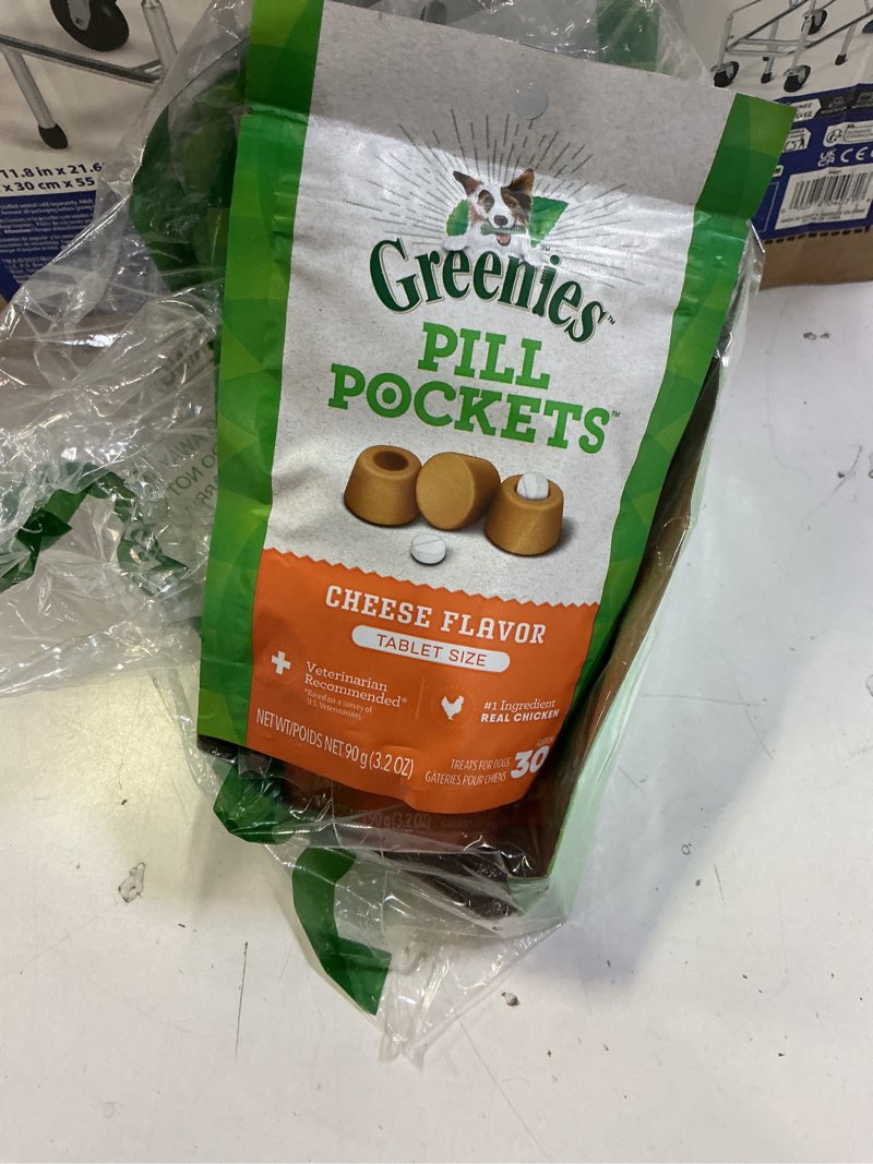 Condition photo showing New/Like New for (best by 09/jul/2026) greenies pill pockets for dogs small size, tablet pill treats for dogs, cheese flavor, 3.2 oz. pouch cheese 30 count (pack of 6)