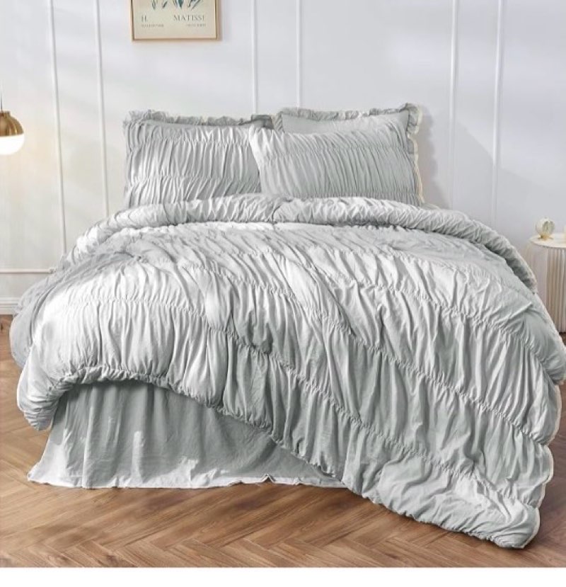  ( incomplete only 2 pcs ) Bonlino King Size Comforter Set Bedding - Ruched Light Grey Comforter King Bed Set Boho Shabby Chic Comforter Fluffy 3 Piece Ruffle Comforter Set Pillow Girl Bedding Soft and Luxury