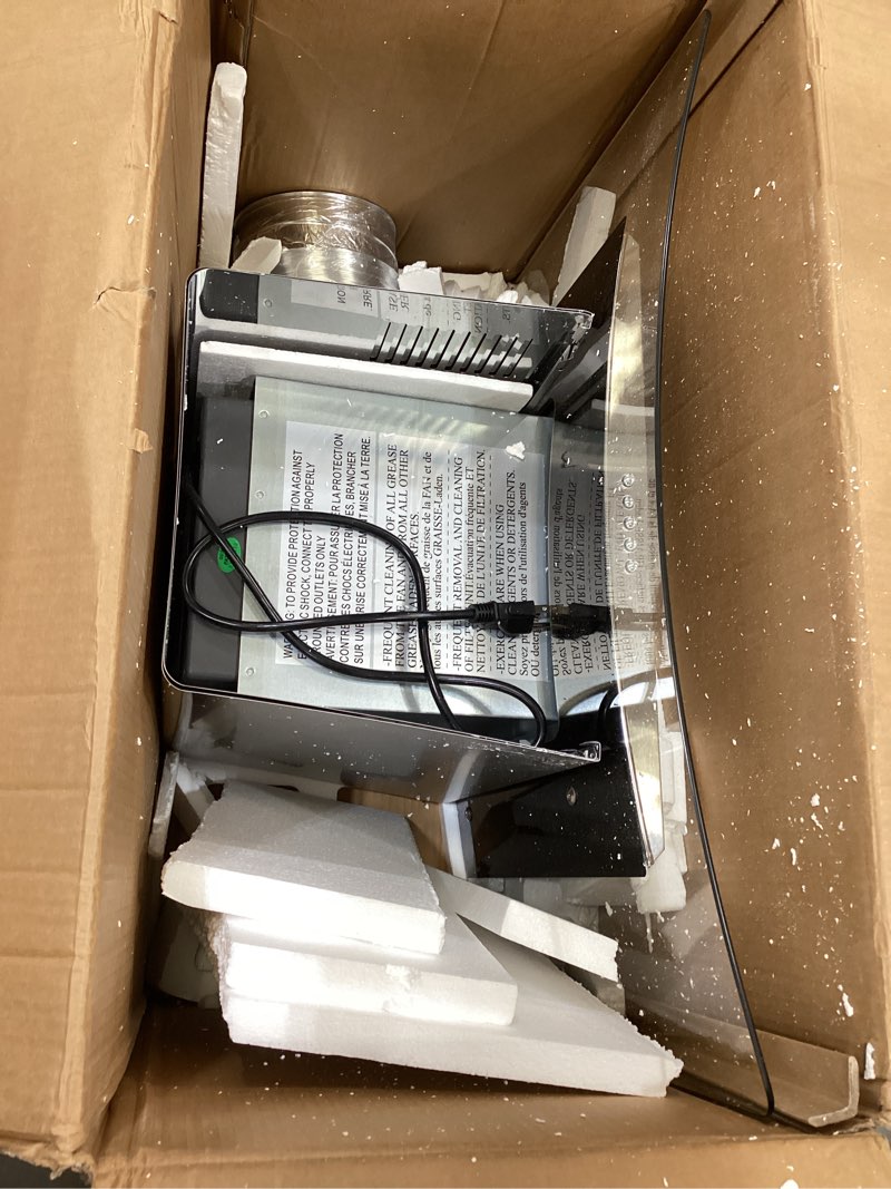 Condition photo showing As Is for range hood 30 inch, firegas ducted/ductless convertible wall mount range hood with tempered glass, 3 speed fan, 400cfm, button control, led light, stainless steel filters, include 2 charcoal filters
