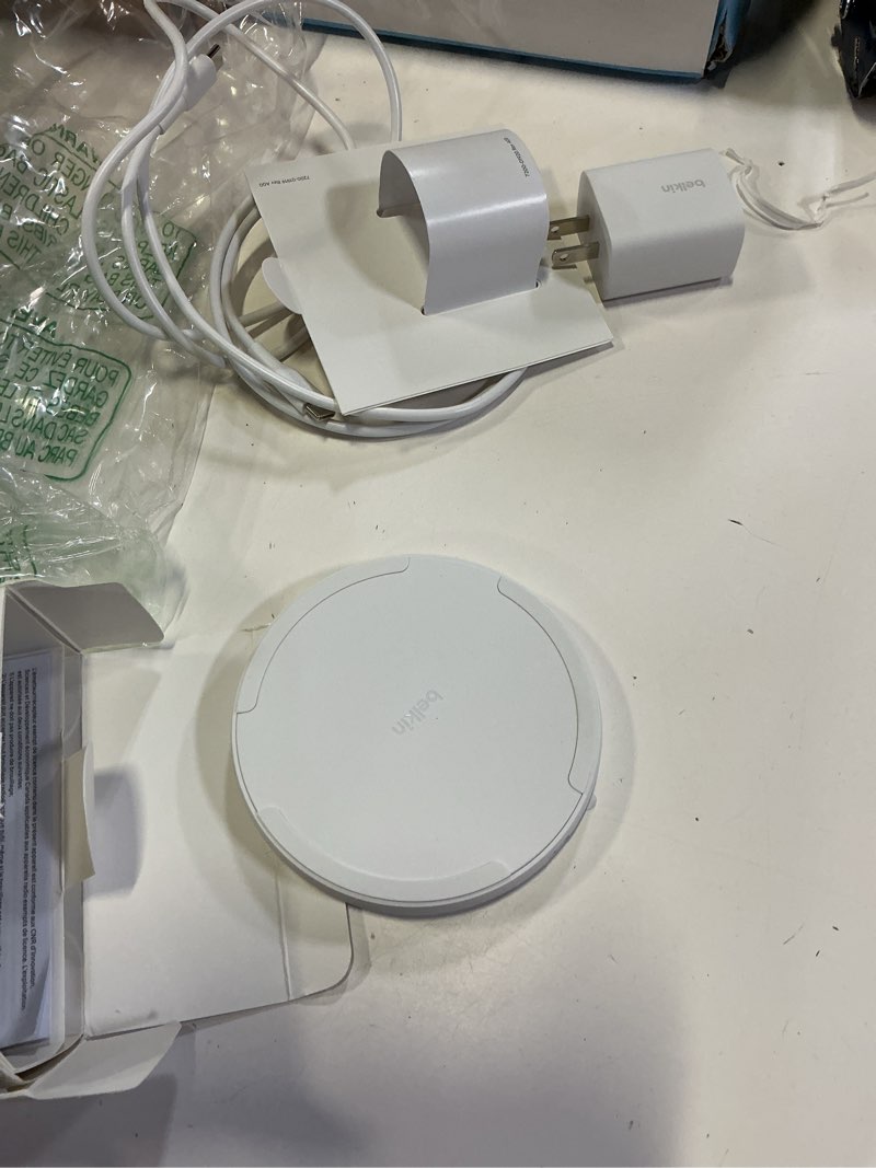 Condition photo showing As Is for belkin wireless charging pad 15w - qi charger, charging station for apple iphone 17, iphone 16/15/14 series, airpods, samsung galaxy s25, galaxy s24, pixel 10 - power supply and cable included - white