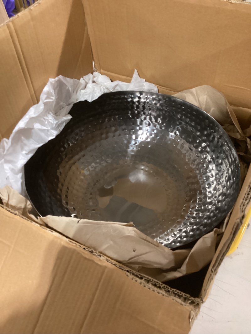 Condition photo showing Good Condition for Round Hammered Metal Bowl, Oxidized Silver