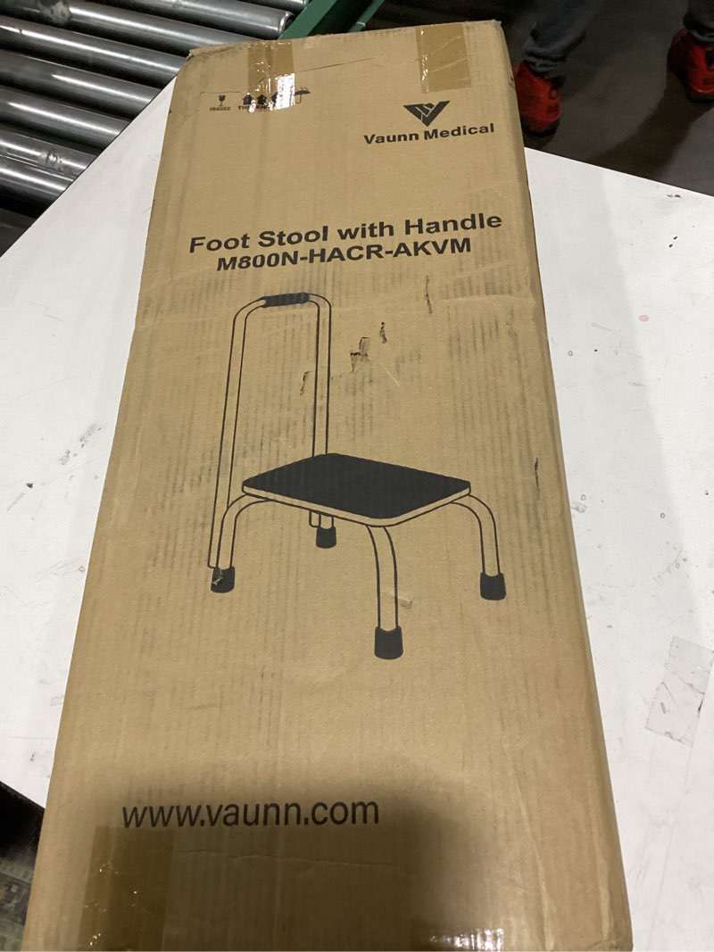 Condition photo showing As Is for vaunn medical foot step stool with handle and anti skid rubber platform, lightweight and sturdy stool for children, adults and seniors, chrome chrome with handle