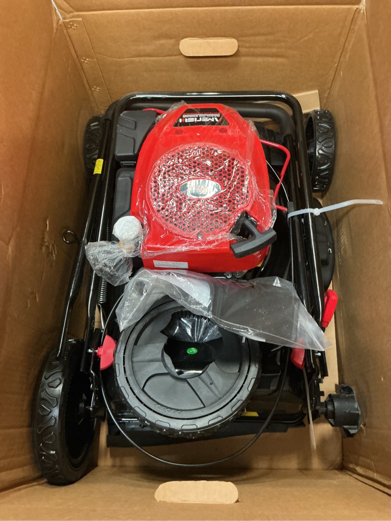 Condition photo showing As Is for amerisun 21 inch gas push lawn mower, 2-in-1 mulching & side discharge, 144cc 4-stroke ohv engine, 6-position height adjustment, lightweight push mower for small to medium yards