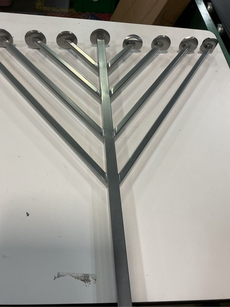 Condition photo showing As Is for Large Modern Antique Silver Nine Branch Electric Chabad Style Hanukkah Menorah with Flame Shaped LED Light Bulbs, Perfect as Home Decor - Living Room Side Table, Dining Room and Entryway