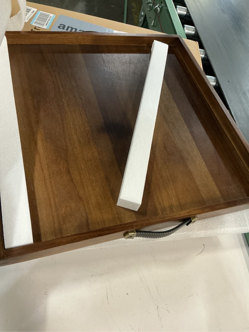 Condition photo showing Good Condition for Extra Large Square Ottoman Tray for Living Room Coffee Table 21 x 21 Inch Decorative Acacia Wooden Serving Tray with Leather Handles for Breakfast in Bed Dinner Food TV (Color Natural)