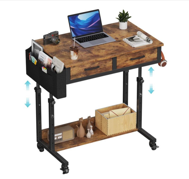 small portable standing rolling desk - 32 inch adjustable mobile stand up teacher desks with 2 fabric drawers on wheels, couch sofa side laptop table with storage for bedroom home office, rustic brown