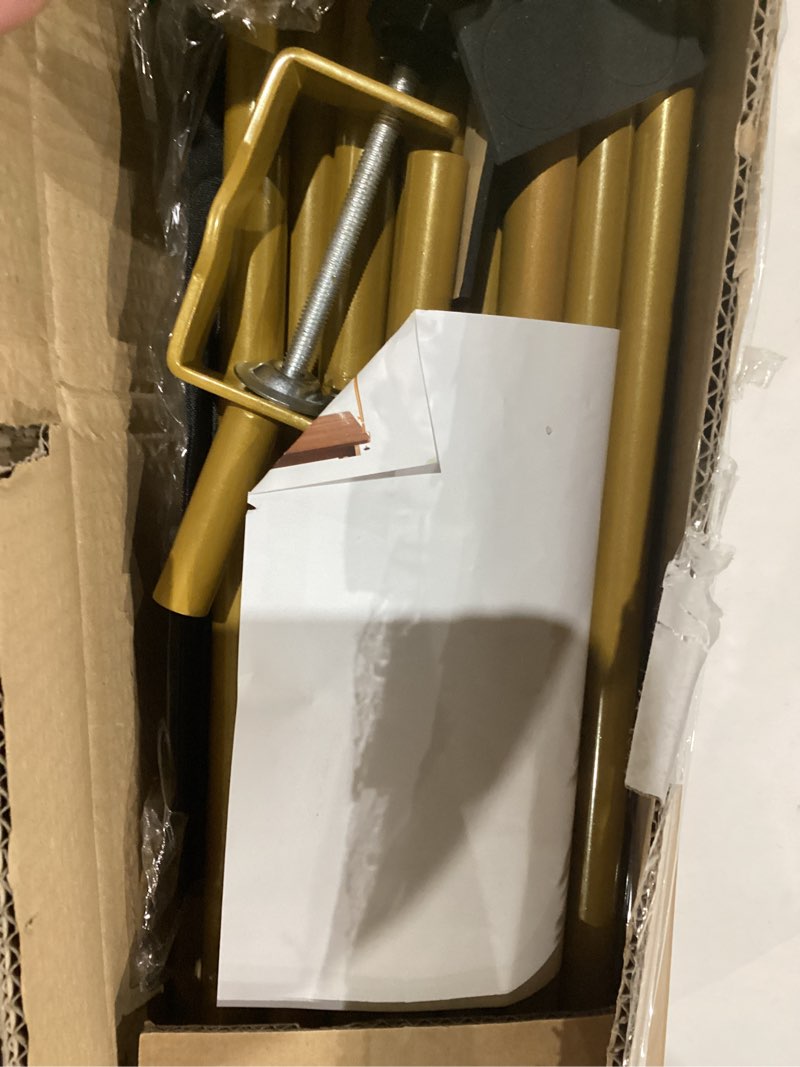 Condition photo showing Good Condition for Over The Table Rod Stand with Clamps 31"-110" Length 31"-64" Height Adjustable Metal Table Hanging Decor Rod with Storage Bag for Gender Reveal Ceremony Party, Gold Table Balloon Arch Stand