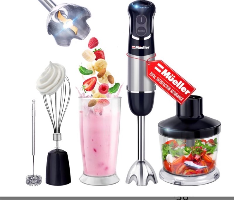Mueller Multistick 800W 5-in-1 Immersion Blender Handheld, 12 Speed Hand Mixer - Turbo Boost, Heaviest Duty Copper Motor, Titanium Blades Hand Blender, Milk Frother Wand, Whisk, Kitchen Gadgets Black