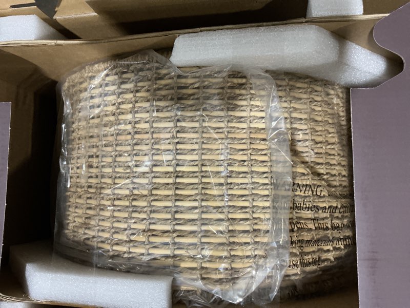 Condition photo showing Good Condition for allen + roth adara 3-light matte black canopy with natural rattan shade traditional drum pendant light