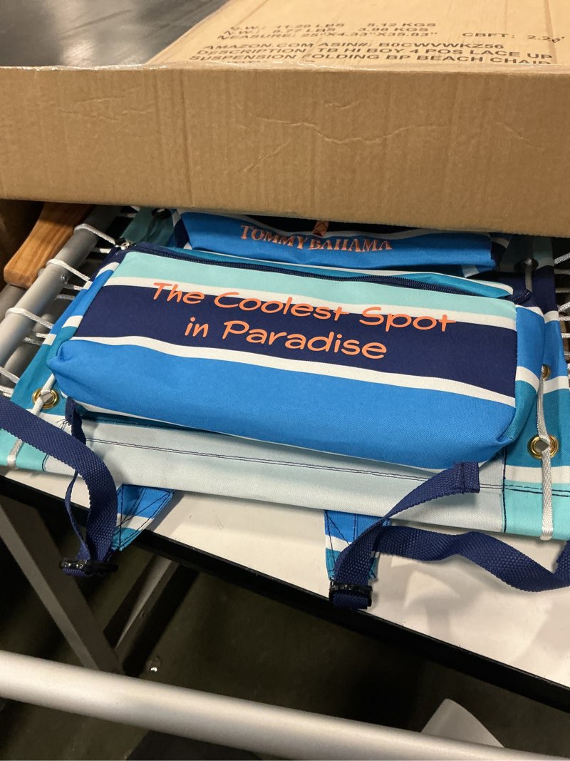 Condition photo showing As Is for Tommy Bahama Hi-Boy 17" Seat Height 4-Position Lace-Up Suspension Folding Beach Backpack Chair, 2-Pack, Stripe Logo Stripe 1-Pack