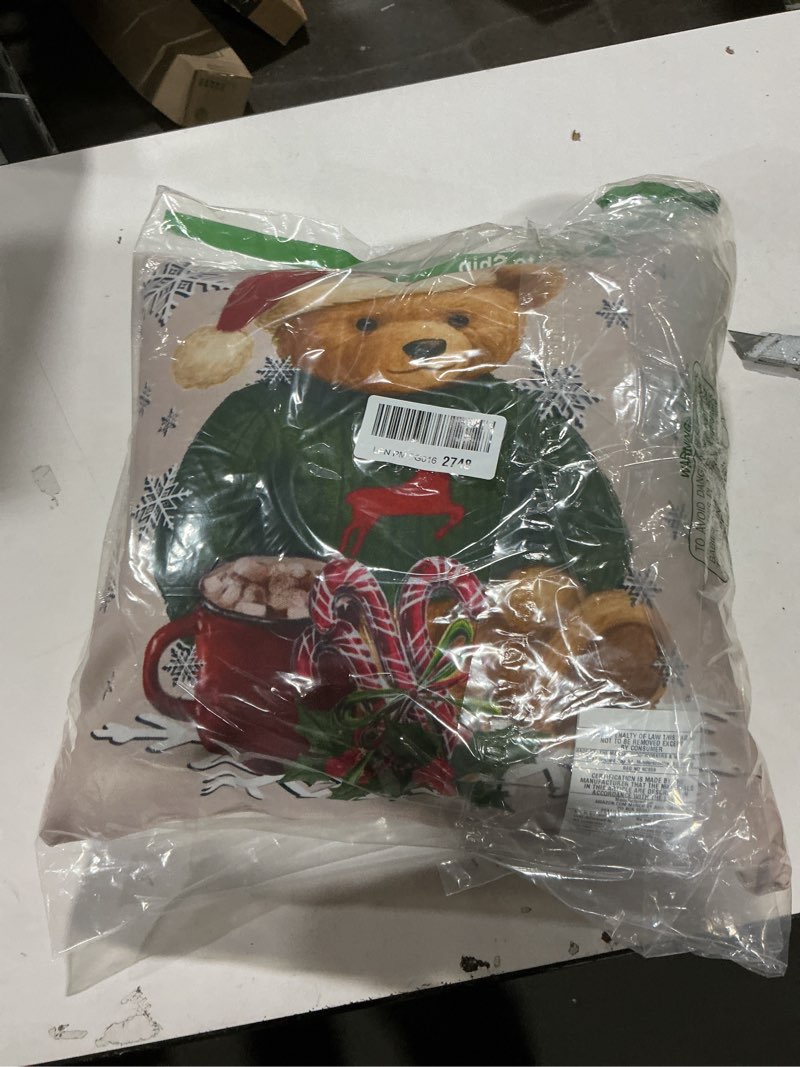 Peking Handicraft Teddy Bear with Santa Hat Christmas Polyfill Hook Throw Pillow, 14-inch Square, Wool and Poly Velvet, Holiday Seasonal Decoration