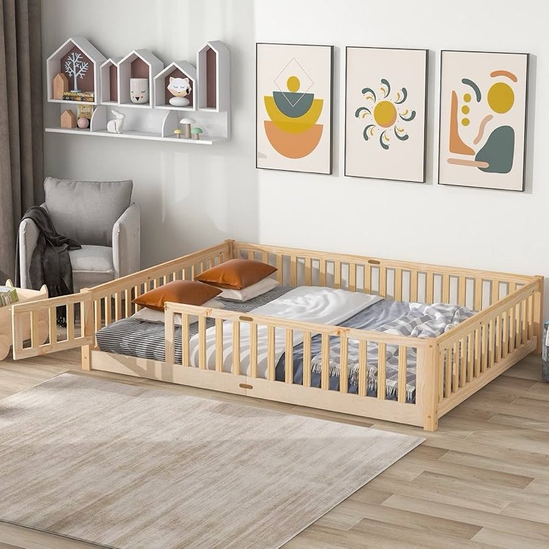 Wood Floor Montessori Queen Size Bed Frame with Safety Guardrail and Door for Kids, Girls, Boys, Easy Assemble Platform Bed,No Box Spring Needed, White