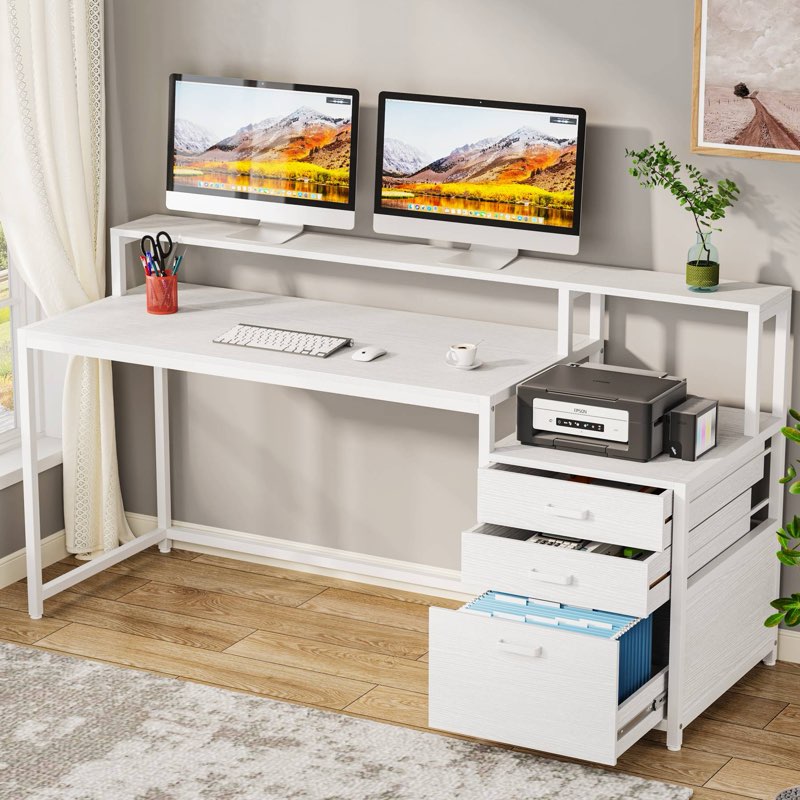 63" Computer Desk, Ergonomic Office Desk with Drawers & Monitor Stand