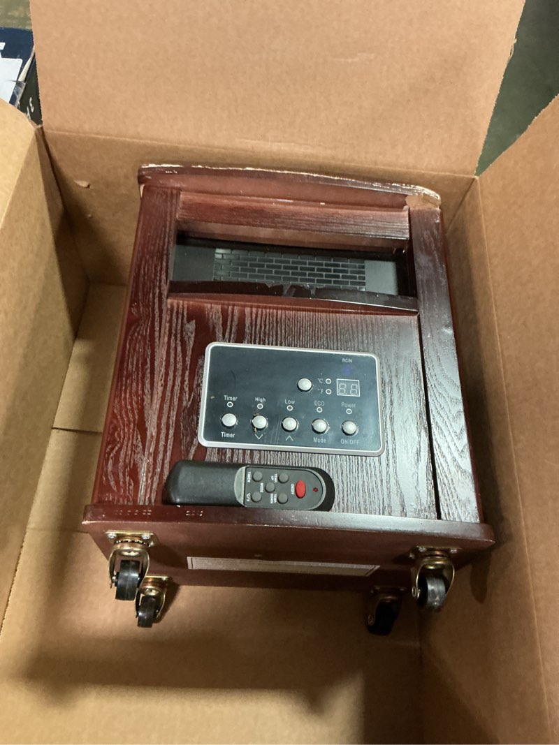 Condition photo showing As Is for Infrared Space Heater for Indoor Use - 1500W Portable Box Heater with Wood Cabinet, Remote Control & 12H Timer, Quiet Electric Heater with Safety Protection for Bedroom Living Room Office Walnut Color