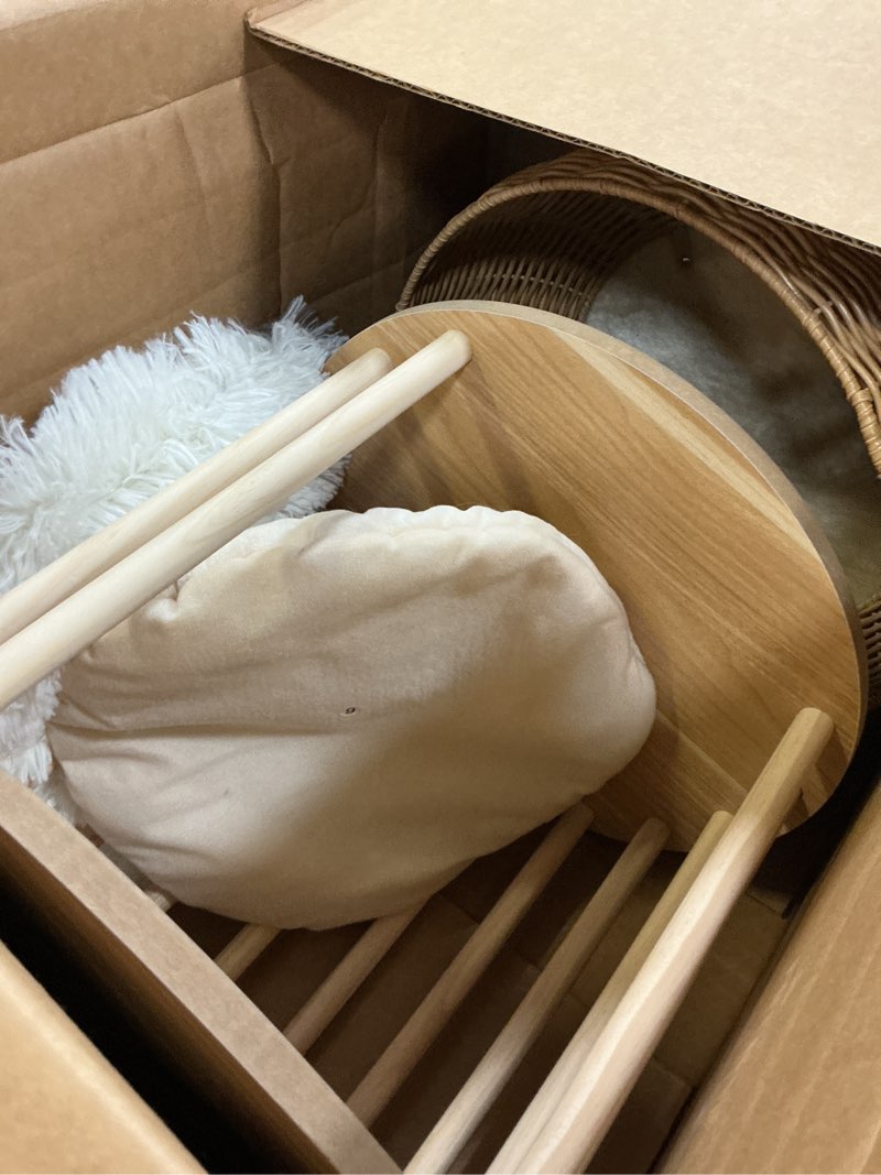 Condition photo showing Good Condition for made4pets pe rattan cat tree tower with scratching post, 18 inch small cat tree for kittens, handwoven wicker basket bed with soft cushion, cozy cat bed, self groomer and hanging plush ball toy beige 18"h