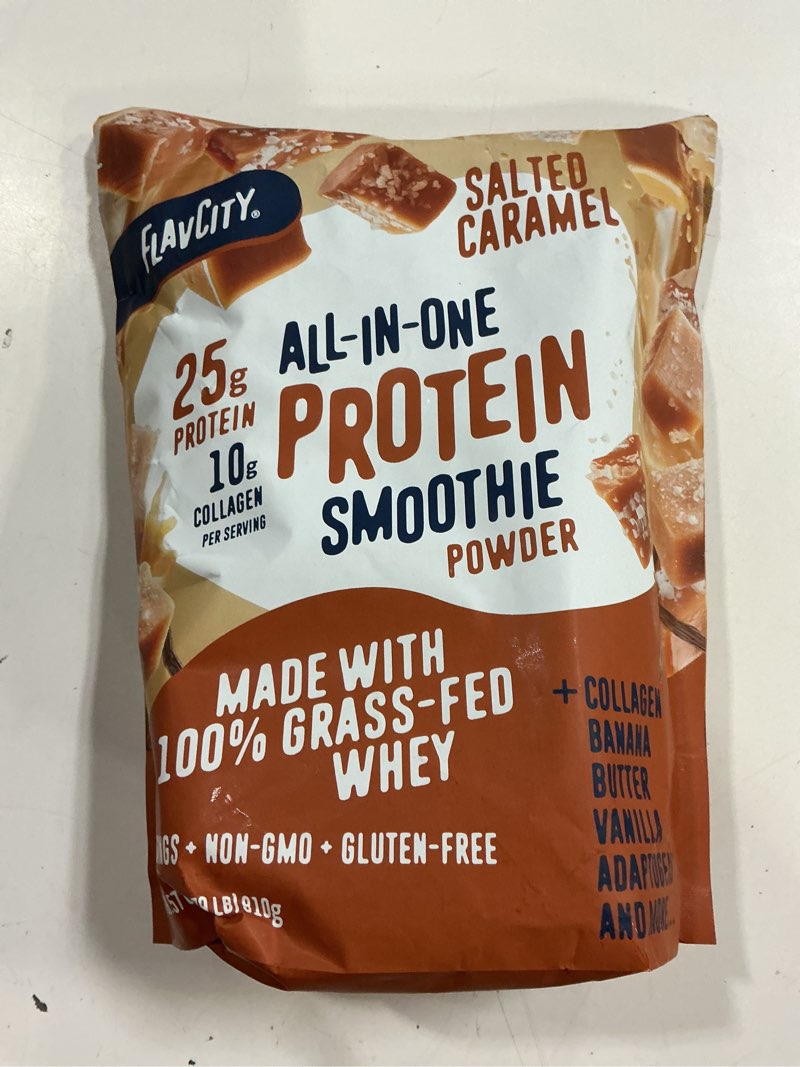 Condition photo showing New/Like New for ((b b.b. 12/28 27))flavcity all in one protein shake powder, salted caramel - on the go meal alternative + collagen peptides, reishi & cordyceps - focus, skin, hair & joint support - 100% grass fed whey, 20 servings