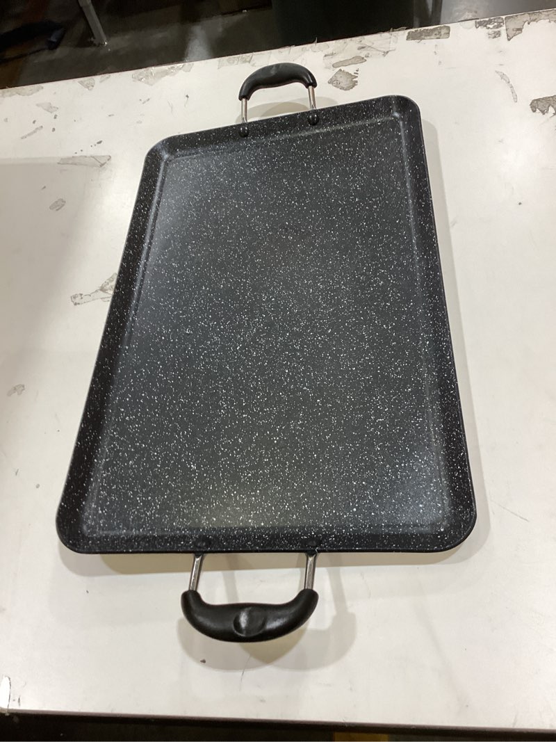 Condition photo showing As Is for nutrichef double burner griddle, non-stick stove top griddle for gas stove, dishwasher safe, heatproof bakelite handles, even heat distribution, pfoa & pfos free, 20” x 12” x 0.8” inch (black)