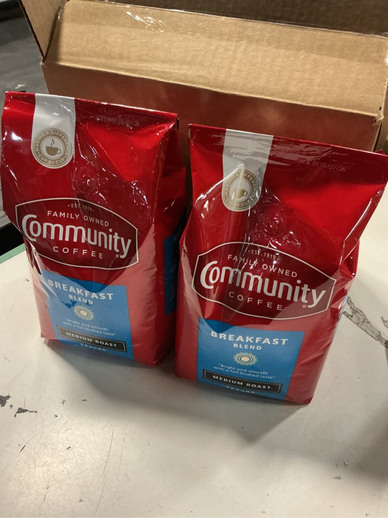 Condition photo showing New/Like New for ( best by 05/27/26 ) community coffee breakfast blend ground coffee, medium roast, 32 ounce (pack of 2) breakfast blend 32 ounce (pack of 2)