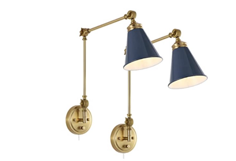 WINGBO Swing Arm Wall Lamp Set of 2, Modern Adjustable Wall Mounted Sconce, Warm Brass Finish and Blue Metal Shade