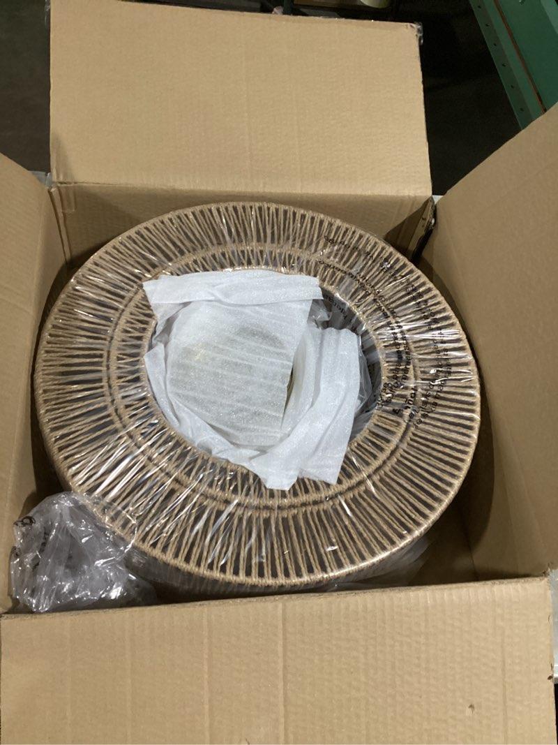 Condition photo showing New/Like New for 17.7"large boho rattan farmhouse chandeliers for dining room,4-light rattan hand-woven rustic drum chandelier pendant light fixture for kitchen island bedroom living room entryway foyer(brown) brown 17.7"