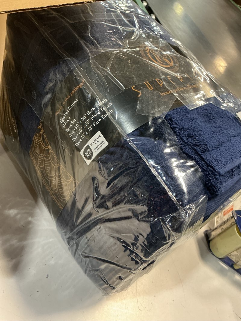 Condition photo showing New/Like New for SUPERIOR Egyptian Cotton Pile 9 Piece Towel Set, Includes 3 Bath, 3 Hand, 3 Face Towels/Washcloths, Ultra Soft Luxury Towels, Thick Plush Essentials, Guest Bath, Spa, Hotel Bathroom, Navy Blue Navy Blue 9 Piece Towel Set