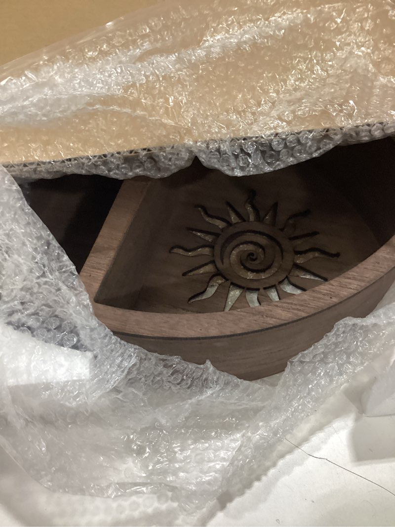 Condition photo showing Good Condition for wooden floating moon shelf wall decor - decorative boho home hanging display shelf for bedroom, dorm, nursery - easy mount storage for crystals and essential oils - 14 x 14 x 3.5 (light brown)