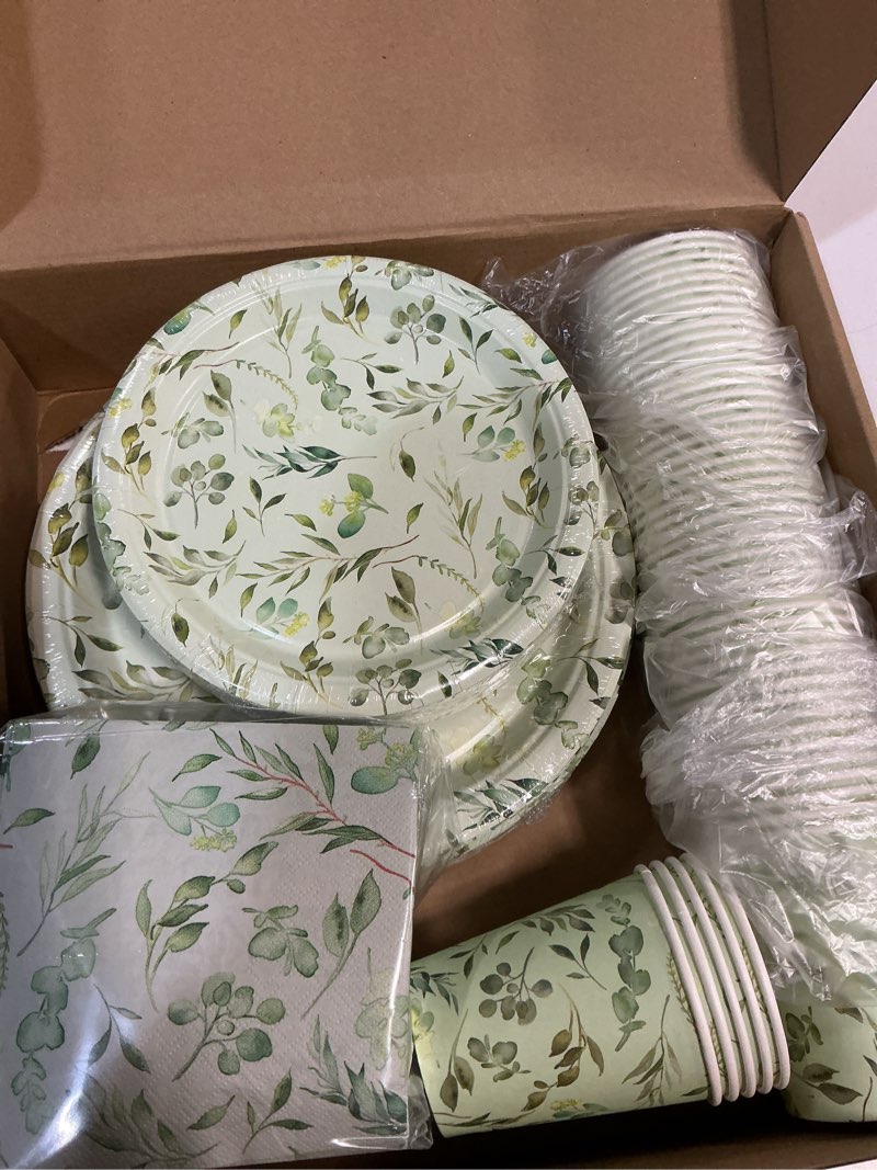 Condition photo showing New/Like New for dandat 250 pcs disposable tableware set bridal shower party decorations vintage disposable paper plates and napkins set napkins for wedding baby shower party supplies (eucalyptus)