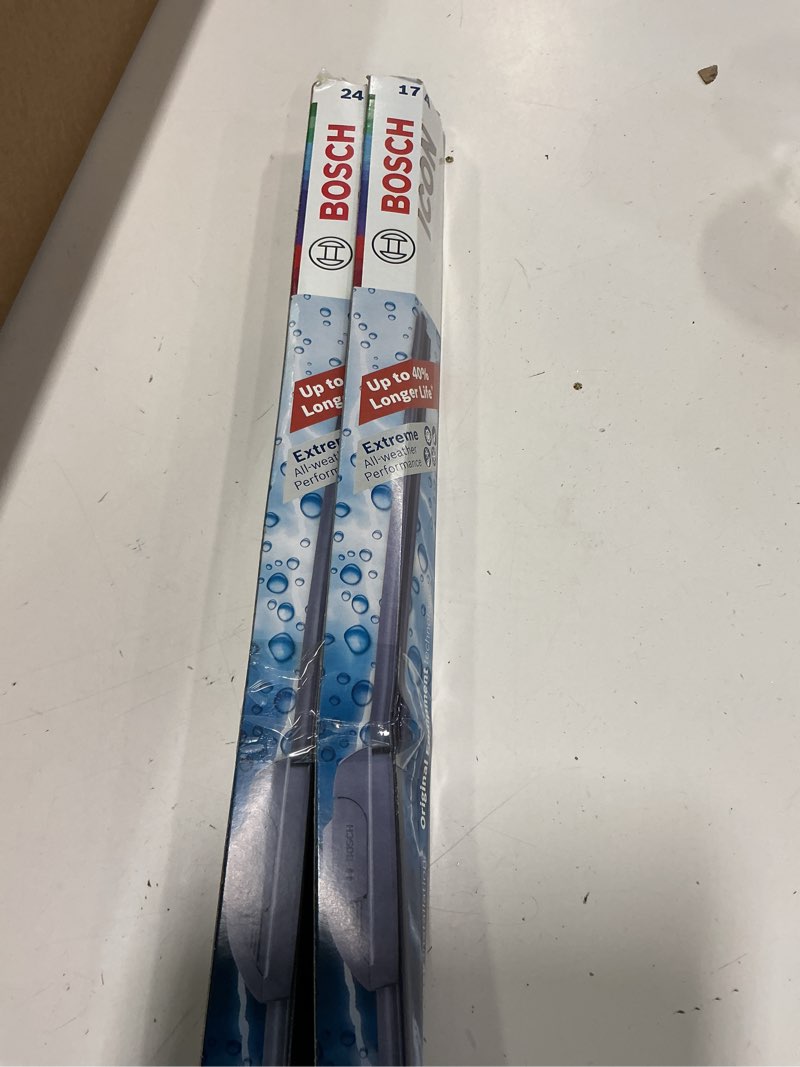 Condition photo showing Good Condition for Bosch ICON Wiper Blades 24A17A (Set of 2) Fits Acura: 15 TLX, Dodge: 12-07 Caliber, Infiniti: 17-14 QX50, Toyota: 01-03 Prius, 12-06 RAV4 +More, Up to 40% Longer Life, Frustration Free Packaging Front (24A & 17A) ICON Combo Pack (Front)