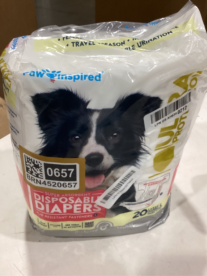 Condition photo showing New/Like New for paw inspired 20ct disposable dog diapers | female dog diapers ultra protection | diapers for dogs in heat, excitable urination, or incontinence (large) large (20 count)