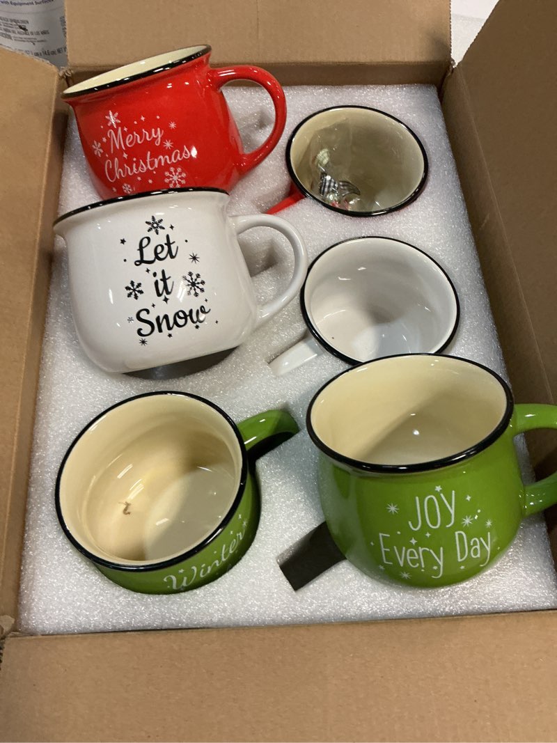 Condition photo showing New/Like New for 6pcs christmas coffee mugs set - 12 oz ceramic holiday mugs for hot cocoa & winter beverages - christmas gift for family, friends, women, home decor