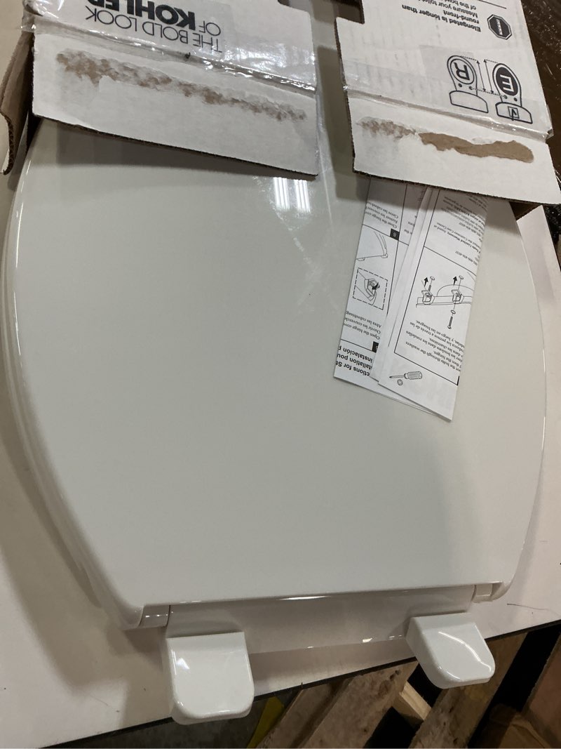 Condition photo showing New/Like New for kohler 25875-0 hyten 3" height, elevated soft close elongated toilet seat, contoured seat with grip-tight bumpers, quick-attach hardware, no slam toilet seat, white white elongated
