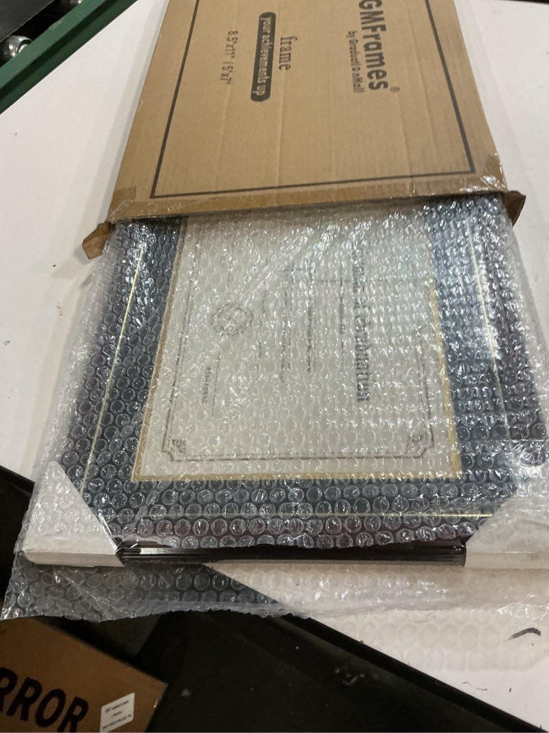 Condition photo showing As Is for graduationmall 11x19 cherry diploma and photo frame for 8.5x11 certificate,5x7 picture,tempered glass,black over gold double mat cherry with gold trim diploma + picture