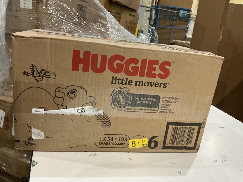 Condition photo showing New/Like New for huggies size 6 diapers, little movers baby diapers, size 6 (35+ lbs), 108 count (2 packs of 54), packaging may vary