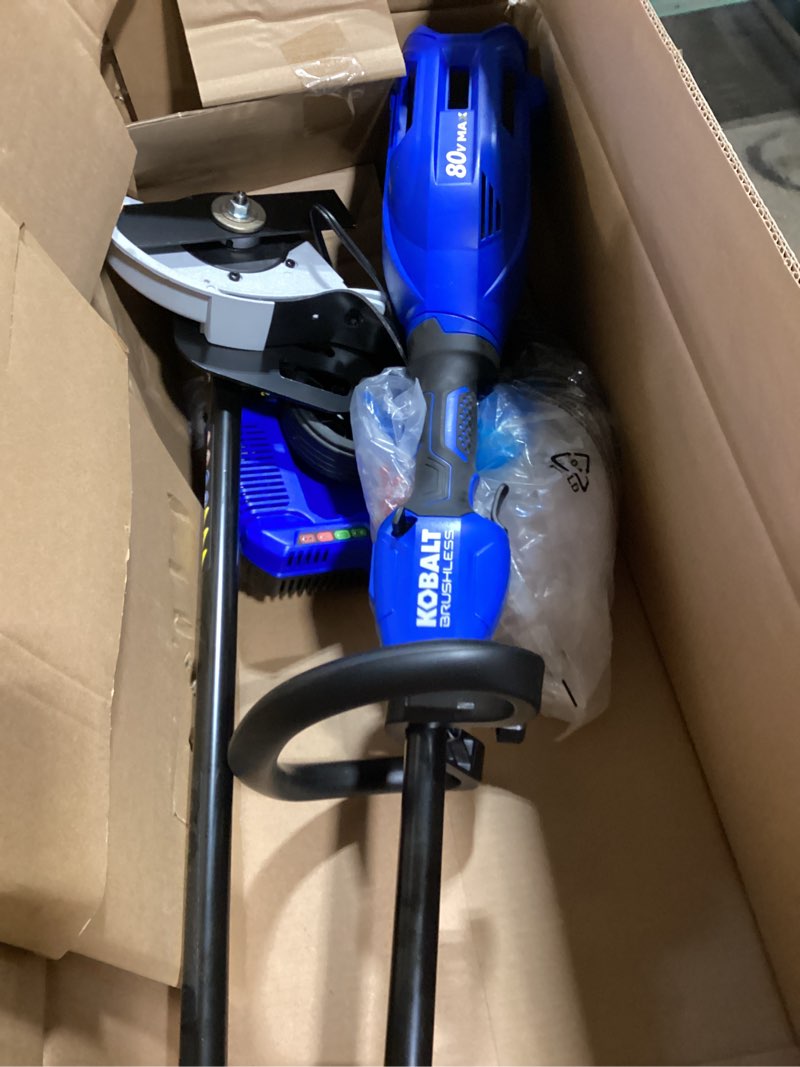 Condition photo showing As Is for kobalt 80-volt 16-in straight shaft battery string trimmer 2.5 ah (battery included) (charger included)