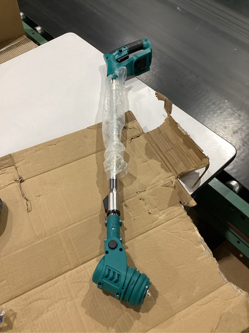 Condition photo showing As Is for **similar to stock photo*missing pieces possibly **cordless weed wacker with wheels 4-in-1, 4000mah battery powered stringless weed eater, brushless grass trimmer with 2 batteries, 3 blade, adjustable head, lightweight lawn edger brush cutter