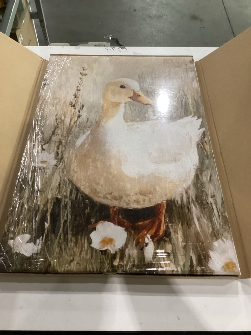 Condition photo showing Good Condition for framed vintage duck farmhouse animal oil painting wall art decor canvas print picture poster country gallery bedroom living room bathroom decor 12x16 inch ready to hang white corgi duck 16"l x 12"w