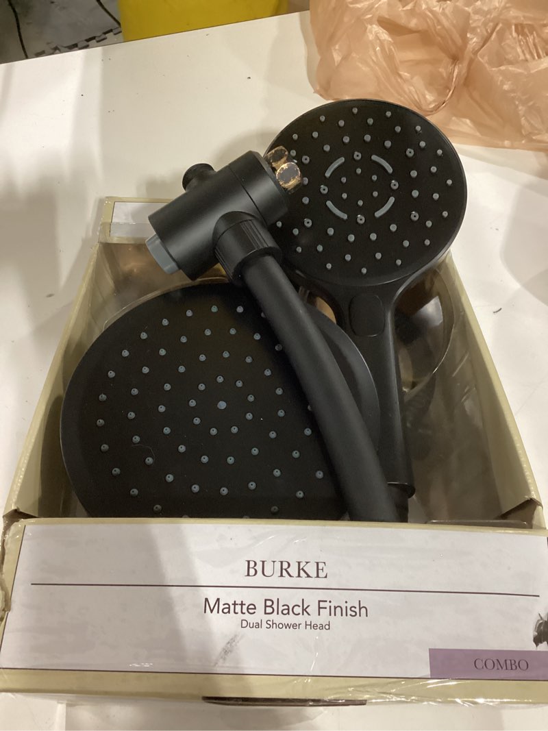 Condition photo showing As Is for  allen + roth burke black 6.3-in dual head shower faucet bar system with 3-way diverter
