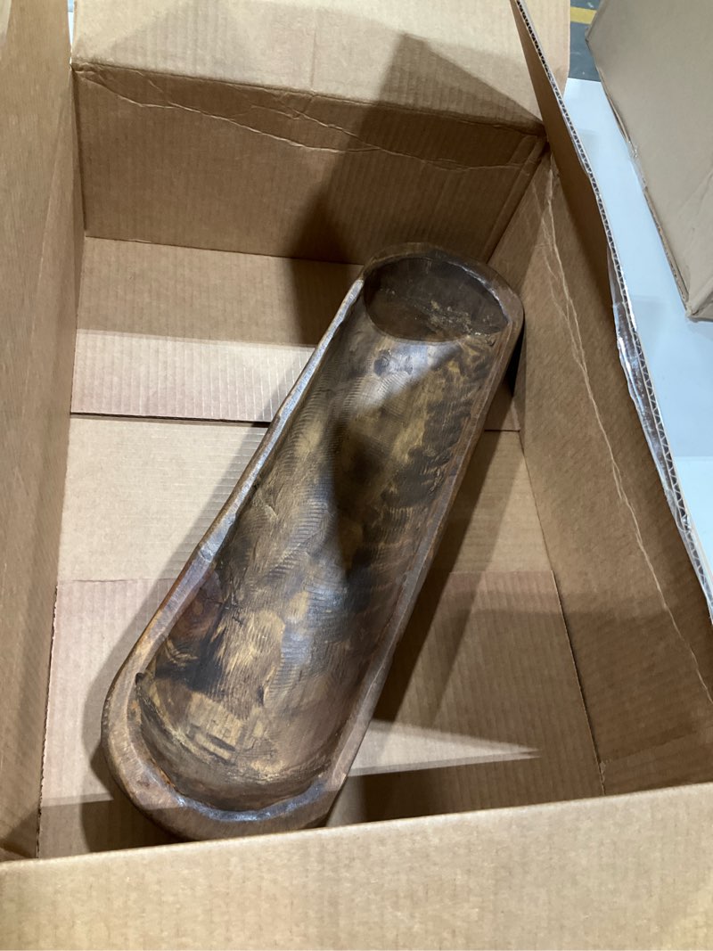 Condition photo showing Good Condition for MAINEVENT Decorative Wooden Dough Bowl Decor Approx 20 Inch, Spanish Oak Centerpiece Long Wood Dough Bowl, Made in USA 20 inch Waxed / Brown