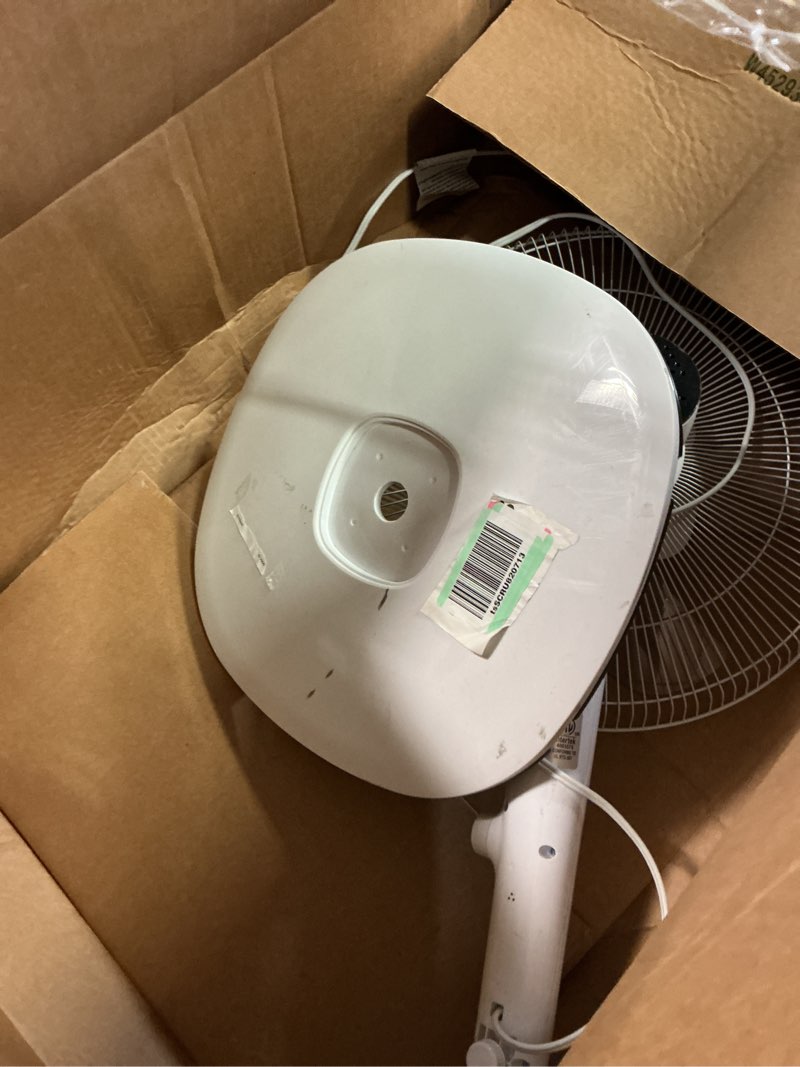 Condition photo showing As Is for amazon basics 16-inch quiet dc motor standing floor fan for bedroom, 12 speed with remote, 3 breeze modes, adjustable height, dual-layered blades, timer, energy efficient (28w), white 12-speed, dc motor