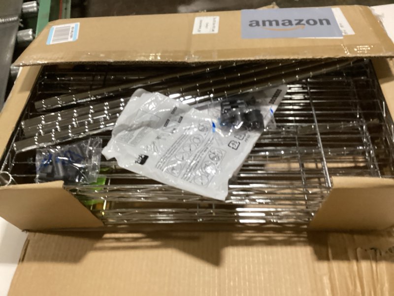 Condition photo showing As Is for Amazon Basics 4-Shelf Adjustable, Storage Shelving Unit, (200 Pound Loading Capacity per Shelf), Steel Organizer Wire Rack, 13.4"D x 23.2"W x 48"H, Chrome 4-Shelf Narrow Chrome