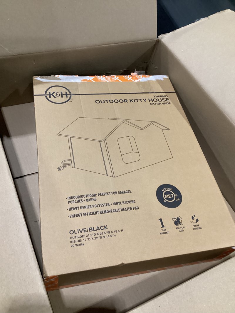 Condition photo showing As Is for K&H Pet Products Extra-Wide Heated Outdoor Cat House for Outside Pets in Winter, Weatherproof Outdoor House for Ferals, Insulated Shelter, 2 Doors, Waterproof Heated Cat Bed, Safety Listed - Olive, SIMILAR TO STOCK PHOTOS