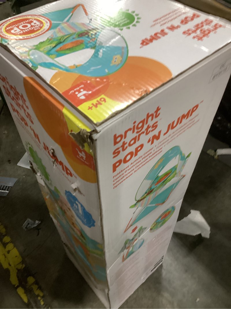 Condition photo showing New/Like New for bright starts pop 'n jump portable activity jumper, indoor/outdoor use, owl forest with 4 sensory toys, ages 6-12 months