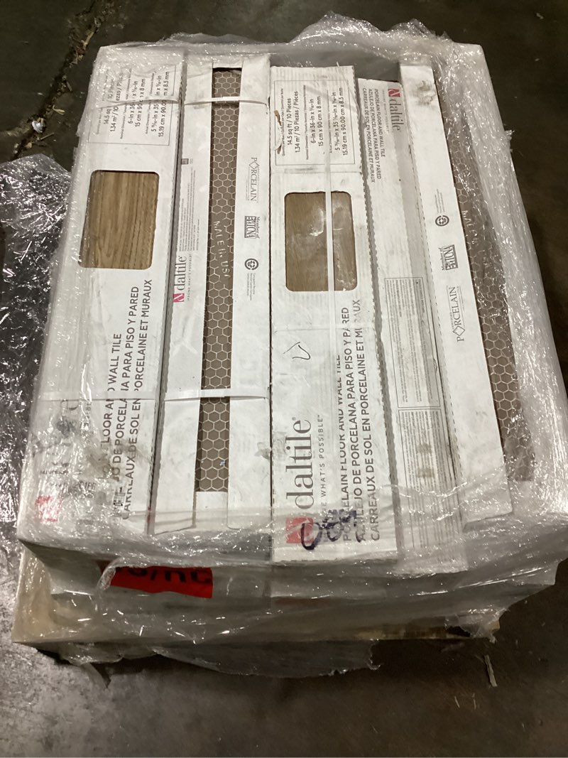 Condition photo showing As Is for pallet of 17 panels.. trace meadow 6 in. x 36 in. golden brown glazed porcelain floor and wall tile (14.5 sq. ft./case)