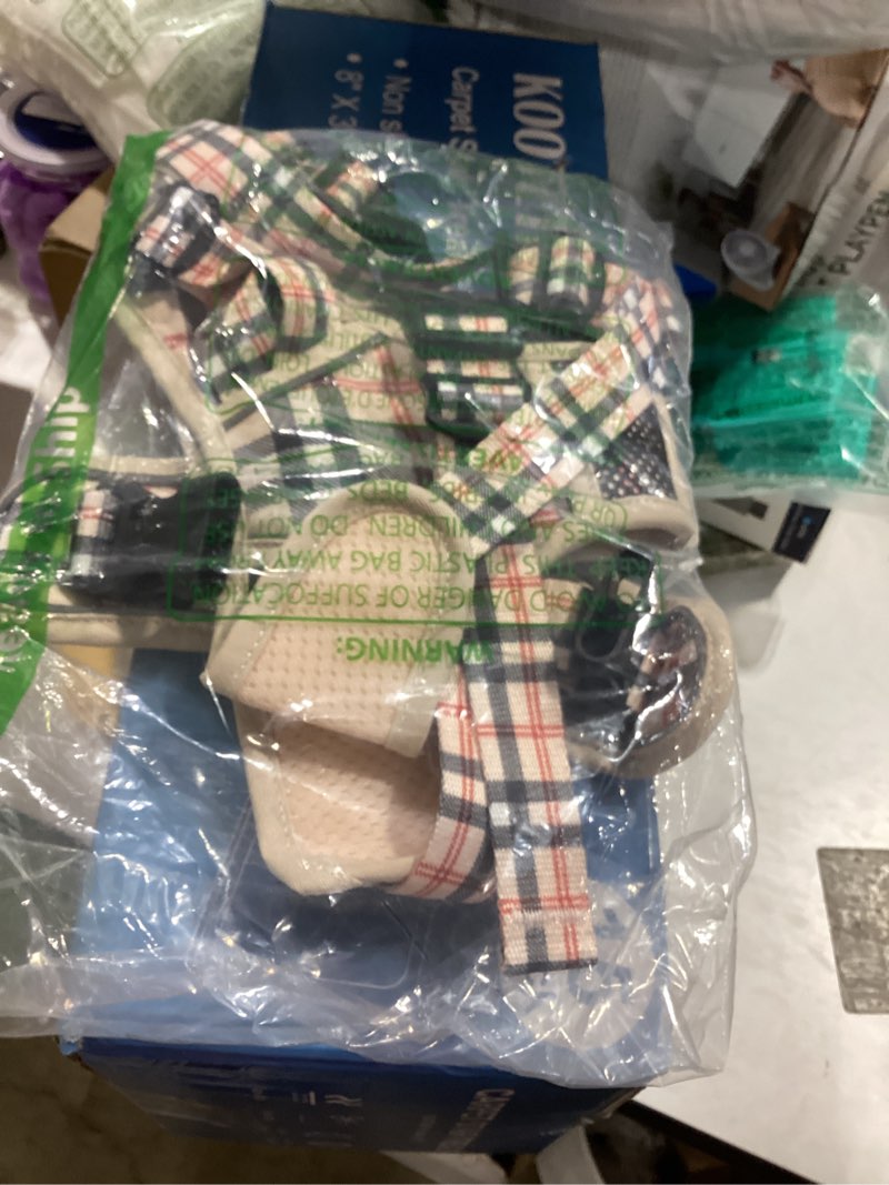 Condition photo showing New/Like New for poypet plaid dog harness, no pull front clip pet vest harness, soft padded reflective adjustable walking harness with handle for large dogs(checkered beige,l) l checkered beige