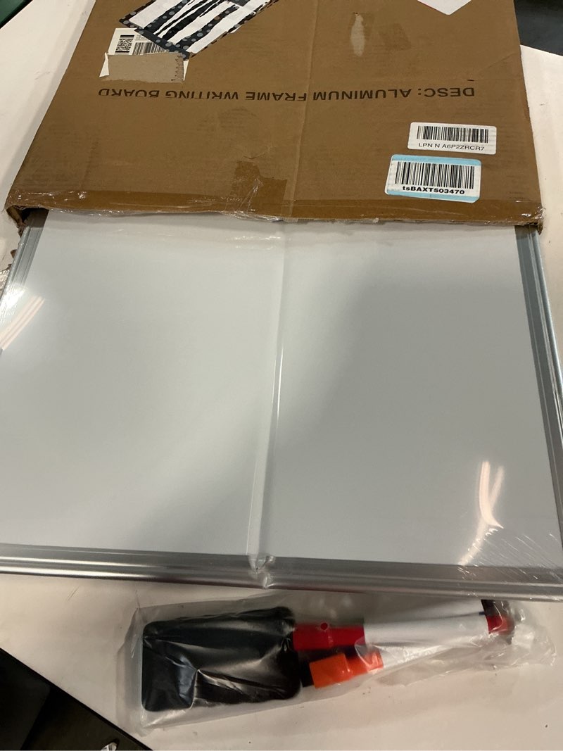 Condition photo showing As Is for walglass double-sided white board, 24" x 18" dry erase board magnetic whiteboard for wall, hanging mounted whiteboard silver aluminium frame for home, school, office, kitchen white 1-pack 24"w x 18"h