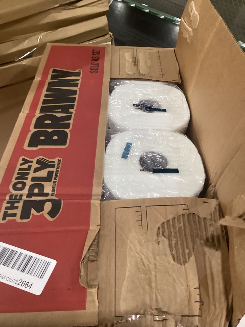 Condition photo showing New/Like New for brawny tear-a-square 3-ply paper towels, 8 triple rolls = 24 regular rolls, strong, absorbent, and durable with 3 sheet sizes (quarter, half, full) triple 8 triple rolls
