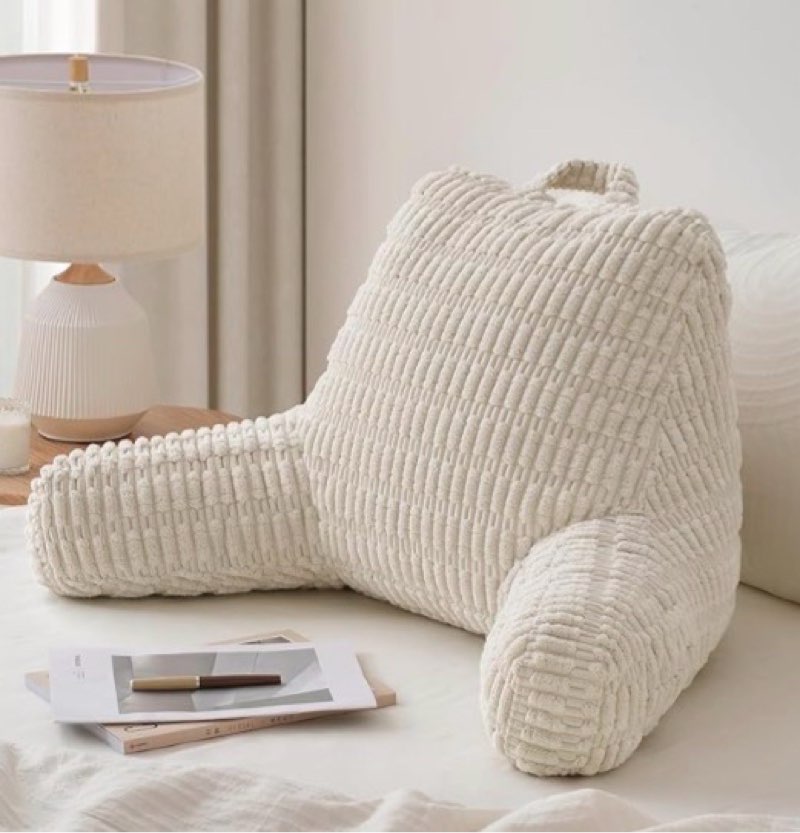 Blissful Diary Reading Pillow, Backrest Pillow with Shredded Memory Foam for Adult & Children, Designed for Bed and Couch Sitting Up, Includes Arms, Pockets and Washable Cover, Off White