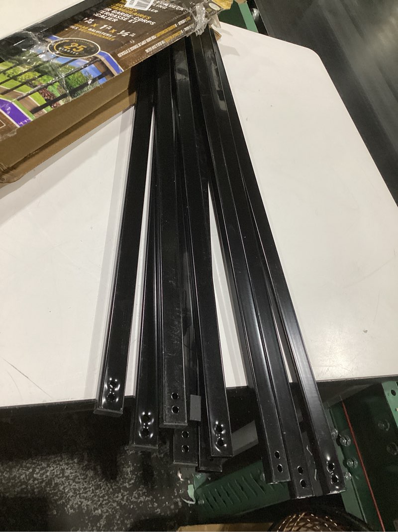 Condition photo showing As Is for (missing parts)nuvo iron rctb32 10 pack baluster, 32\" rectangular plastic end caps, black, 10 count 32\" rectangular plastic end caps black