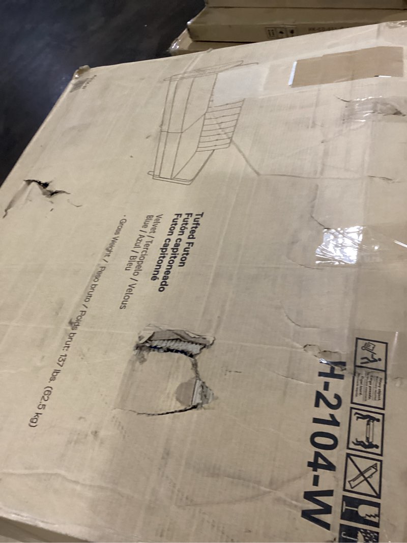 Condition photo showing New/Like New for blue velvet tuffed futon