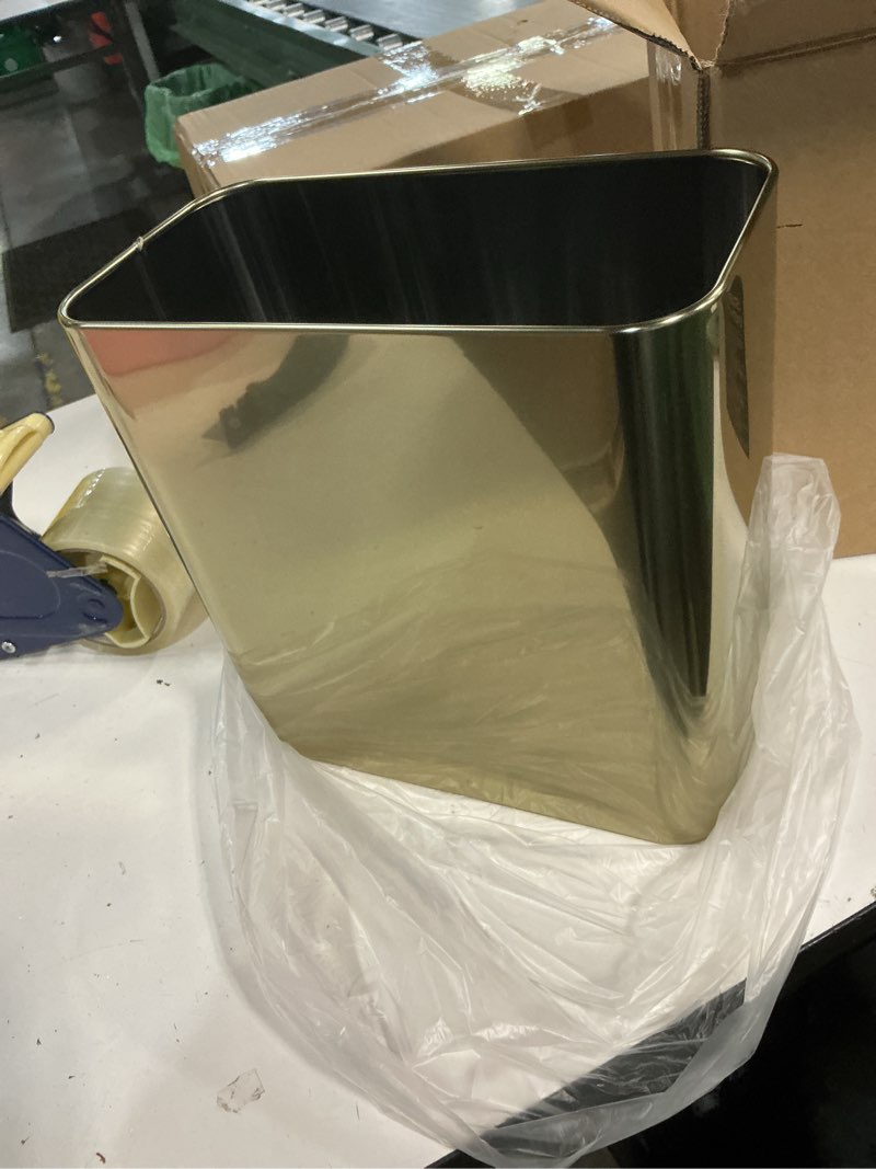 Condition photo showing New/Like New for mdesign small metal 2.4 gallon/9 liter trash can wastebasket garbage bin for bathroom, slim rubbish waste bin trashcans - mirri collection - soft brass soft brass pack of 1